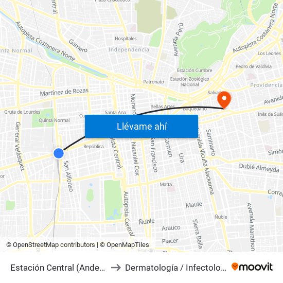 Estación Central (Anden1) to Dermatología / Infectología map