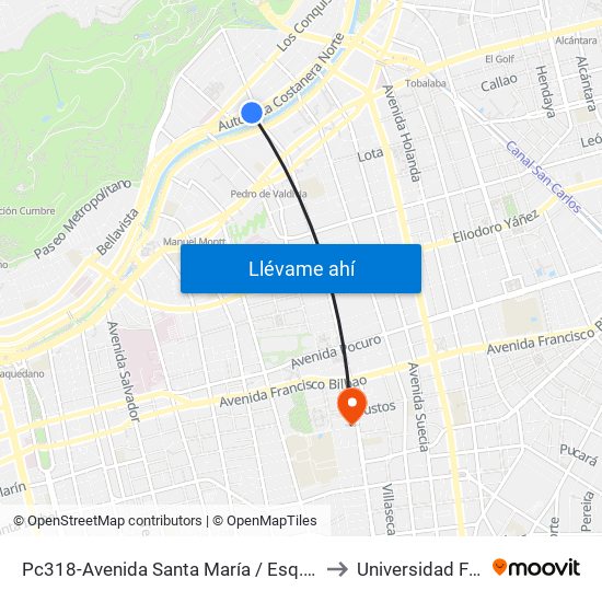 Pc318-Avenida Santa María / Esq. Av. Pedro De Valdivia to Universidad Finis Terrae map