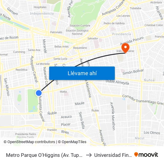 Metro Parque O'Higgins (Av. Tupper Esq. Av. Viel) to Universidad Finis Terrae map