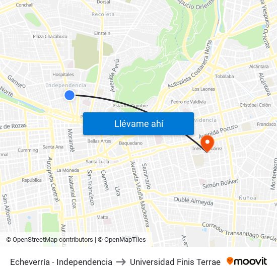 Echeverría - Independencia to Universidad Finis Terrae map