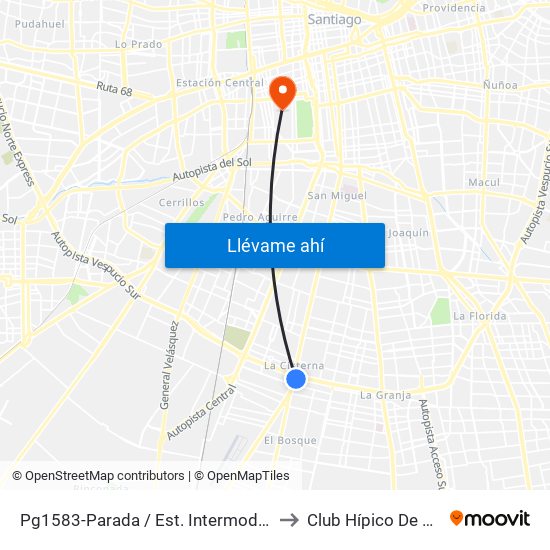 Pg1583-Parada / Est. Intermodal La Cisterna to Club Hípico De Santiago map