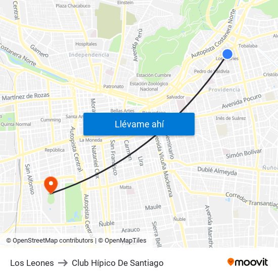 Los Leones to Club Hípico De Santiago map