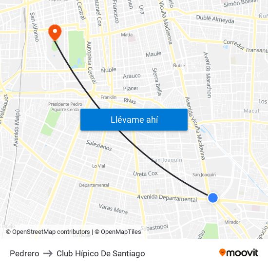 Pedrero to Club Hípico De Santiago map