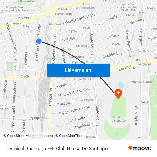 Terminal San Borja to Club Hípico De Santiago map