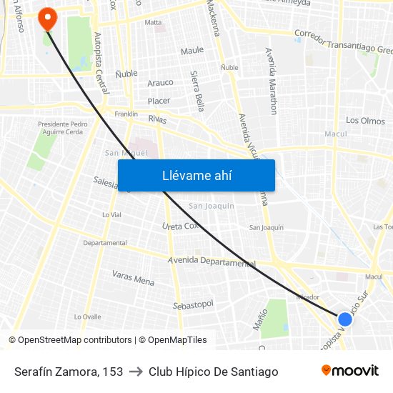 Serafín Zamora, 153 to Club Hípico De Santiago map