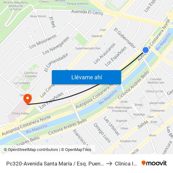 Pc320-Avenida Santa María / Esq. Puente Los Leones to Clínica Indisa map