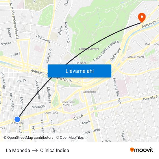 La Moneda to Clínica Indisa map