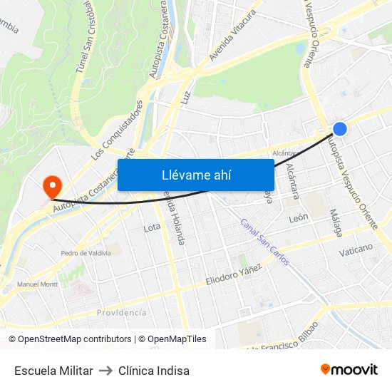 Escuela Militar to Clínica Indisa map