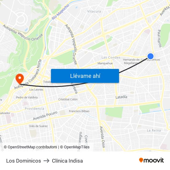 Los Dominicos to Clínica Indisa map