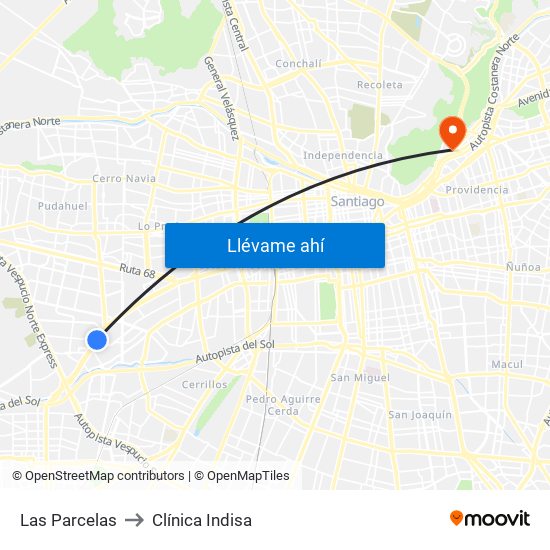 Las Parcelas to Clínica Indisa map