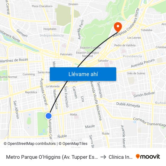 Metro Parque O'Higgins (Av. Tupper Esq. Av. Viel) to Clínica Indisa map