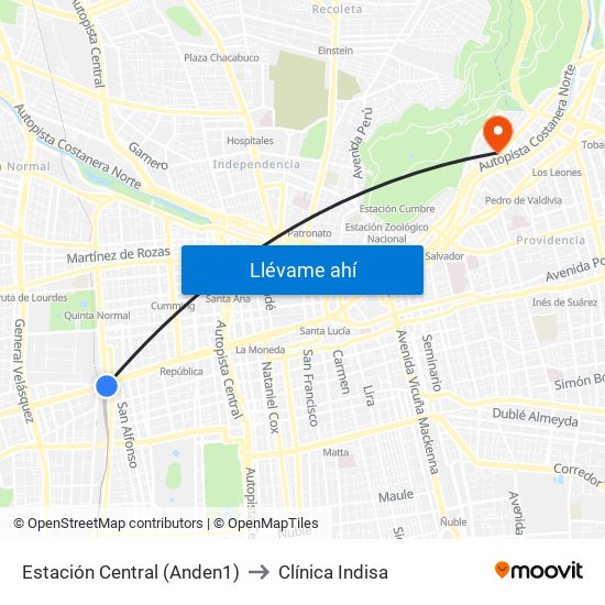 Estación Central (Anden1) to Clínica Indisa map