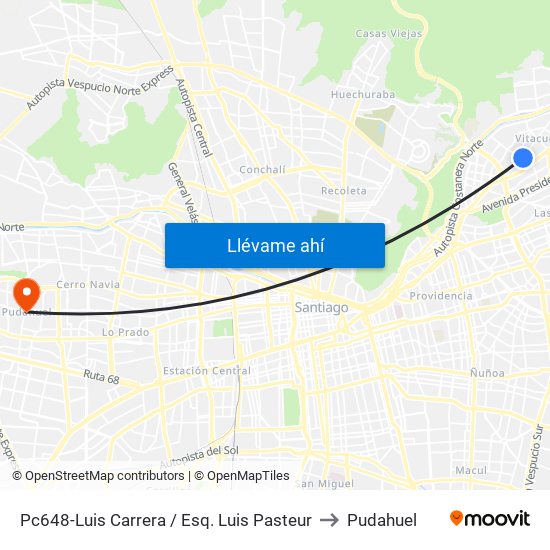 Pc648-Luis Carrera / Esq. Luis Pasteur to Pudahuel map