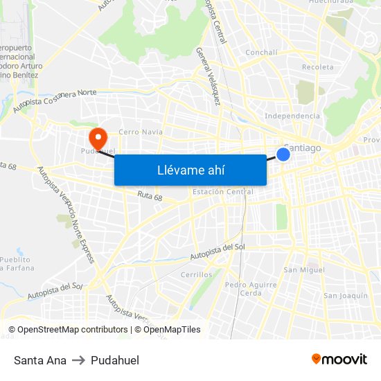 Santa Ana to Pudahuel map
