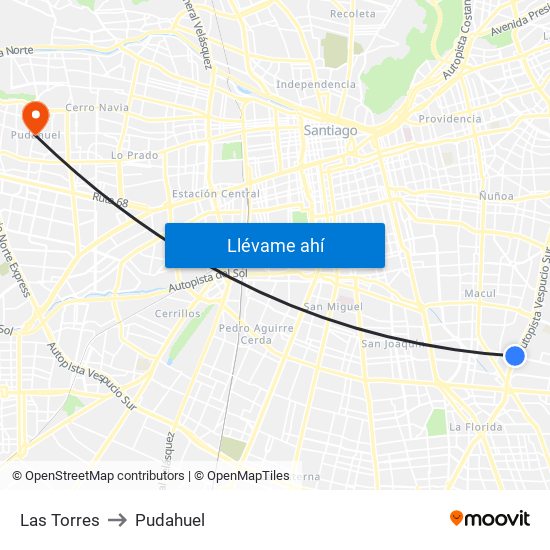 Las Torres to Pudahuel map