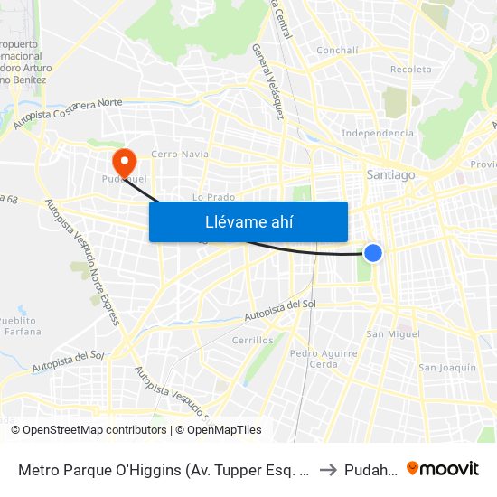Metro Parque O'Higgins (Av. Tupper Esq. Av. Viel) to Pudahuel map
