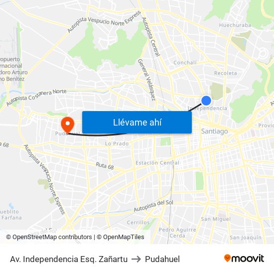 Av.  Independencia Esq. Zañartu to Pudahuel map