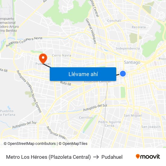 Metro Los Héroes (Plazoleta Central) to Pudahuel map