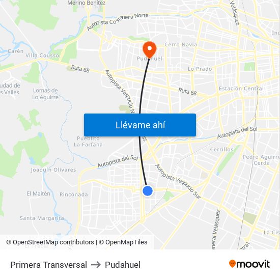 Primera Transversal to Pudahuel map