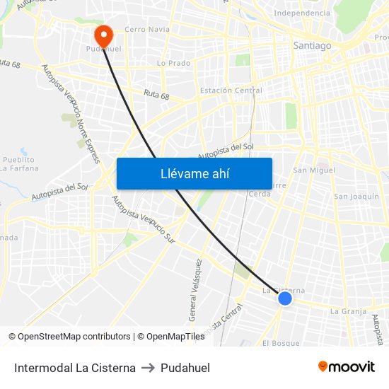 Intermodal La Cisterna to Pudahuel map