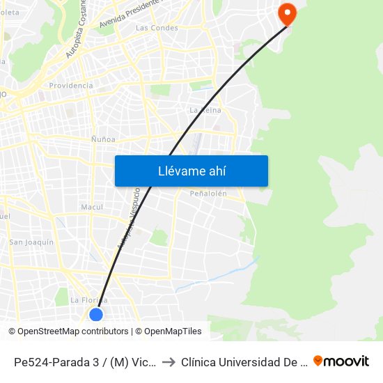 Pe524-Parada 3 / (M) Vicente Valdés to Clínica Universidad De Los Andes map