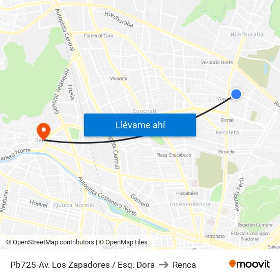 Pb725-Av. Los Zapadores / Esq. Dora to Renca map