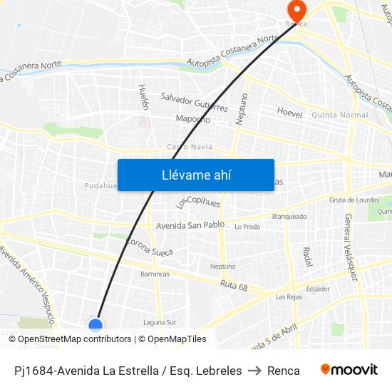 Pj1684-Avenida La Estrella / Esq. Lebreles to Renca map