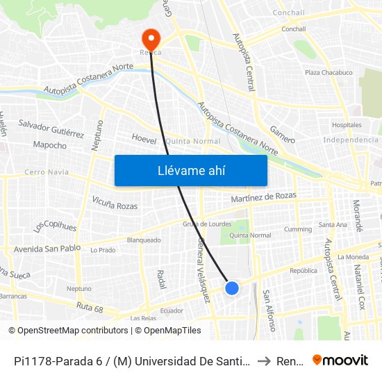 Pi1178-Parada 6 / (M) Universidad De Santiago to Renca map