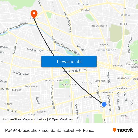 Pa494-Dieciocho / Esq. Santa Isabel to Renca map
