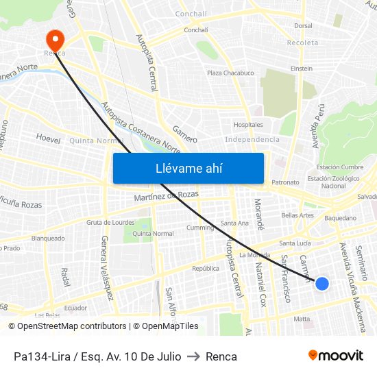 Pa134-Lira / Esq. Av. 10 De Julio to Renca map