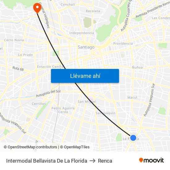 Intermodal Bellavista De La Florida to Renca map