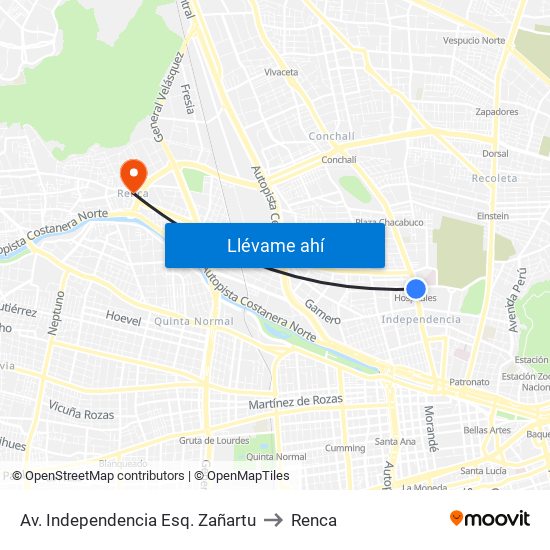Av.  Independencia Esq. Zañartu to Renca map