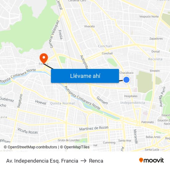 Av. Independencia Esq. Francia to Renca map
