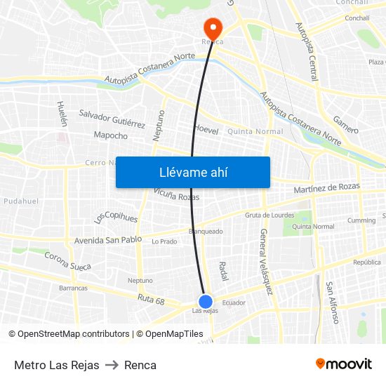 Metro Las Rejas to Renca map