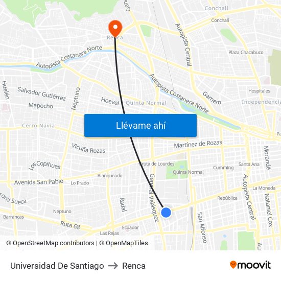 Universidad De Santiago to Renca map