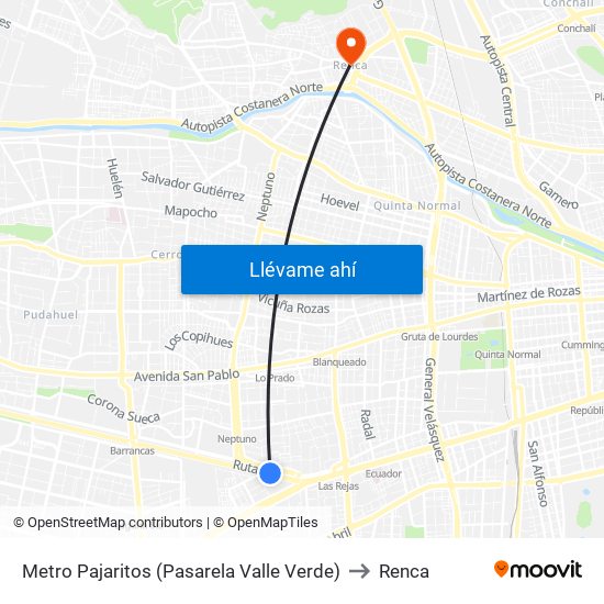 Metro Pajaritos (Pasarela Valle Verde) to Renca map