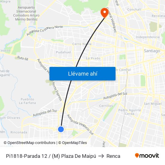 Pi1818-Parada 12 / (M) Plaza De Maipú to Renca map