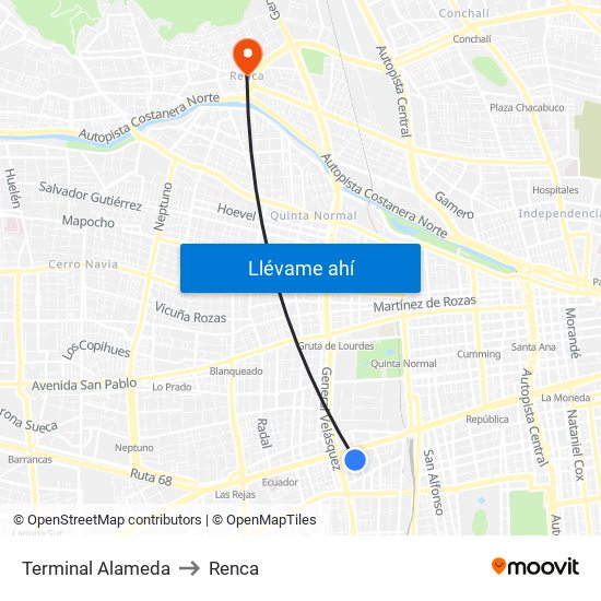 Terminal Alameda to Renca map