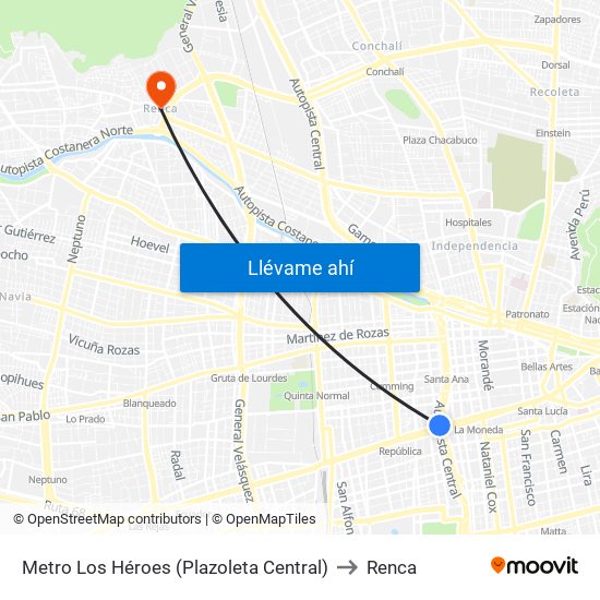 Metro Los Héroes (Plazoleta Central) to Renca map
