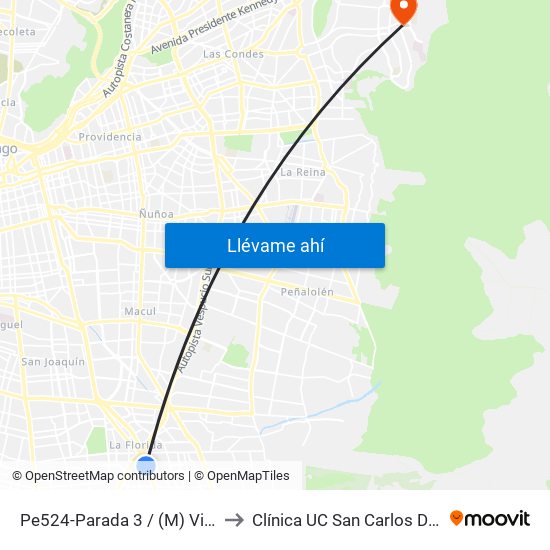 Pe524-Parada 3 / (M) Vicente Valdés to Clínica UC San Carlos De Apoquindo map