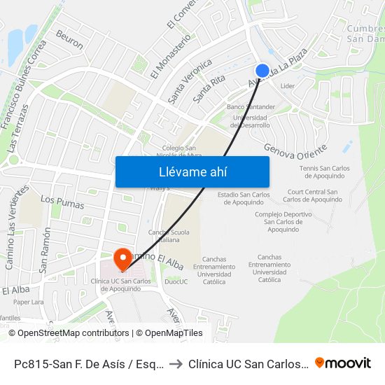 Pc815-San F. De Asís / Esq. Avenida La Plaza to Clínica UC San Carlos De Apoquindo map