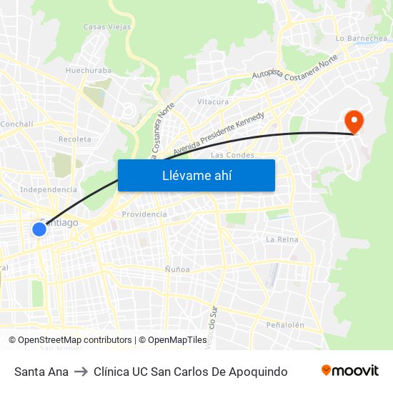 Santa Ana to Clínica UC San Carlos De Apoquindo map