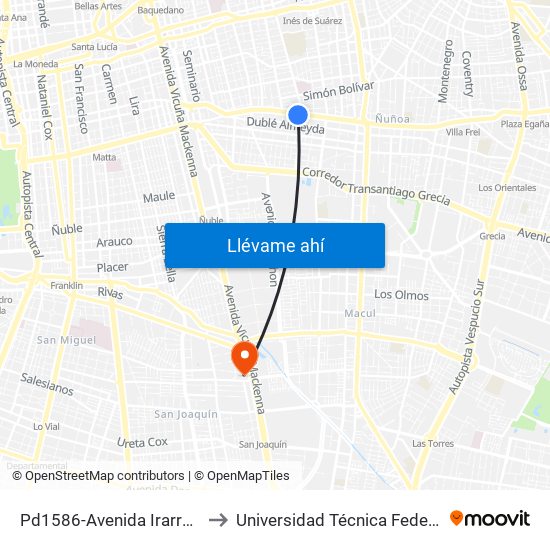 Pd1586-Avenida Irarrázaval / Esq. Campos De Deportes to Universidad Técnica Federico Santa María, Campus San Joaquín map