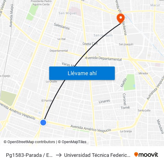 Pg1583-Parada / Est. Intermodal La Cisterna to Universidad Técnica Federico Santa María, Campus San Joaquín map
