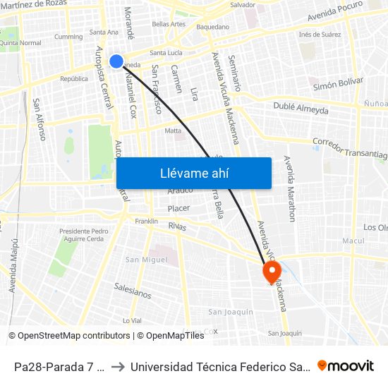Pa28-Parada 7 / (M) La Moneda to Universidad Técnica Federico Santa María, Campus San Joaquín map