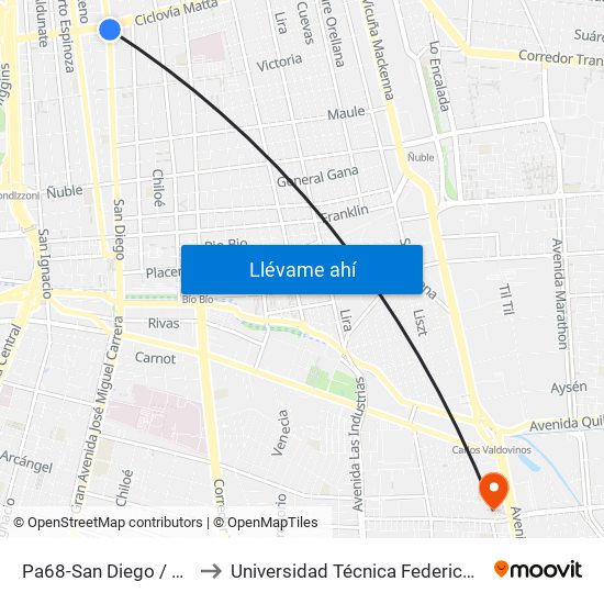 Pa68-San Diego / Esq. Av. Manuel A. Matta to Universidad Técnica Federico Santa María, Campus San Joaquín map