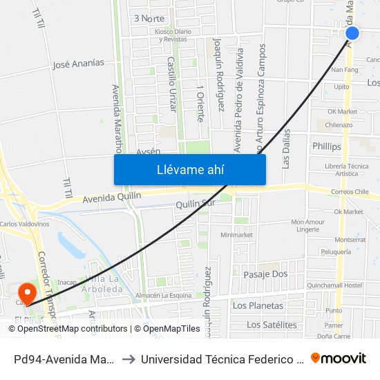 Pd94-Avenida Macul / Esq. Los Espinos to Universidad Técnica Federico Santa María, Campus San Joaquín map