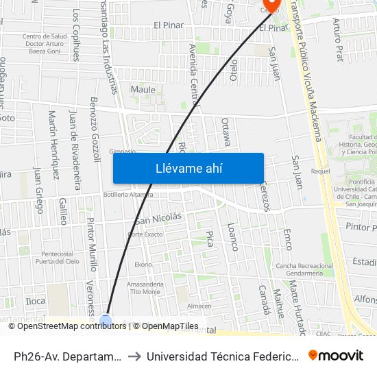 Ph26-Av. Departamental / Esq. Pintor Murillo to Universidad Técnica Federico Santa María, Campus San Joaquín map