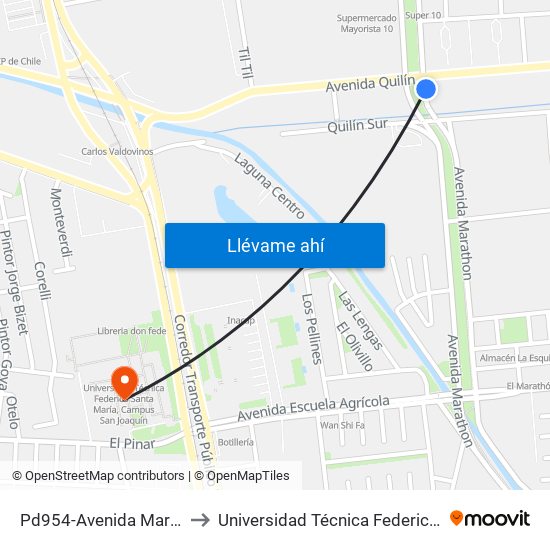 Pd954-Avenida Marathon / Esq. Avenida Quilín to Universidad Técnica Federico Santa María, Campus San Joaquín map