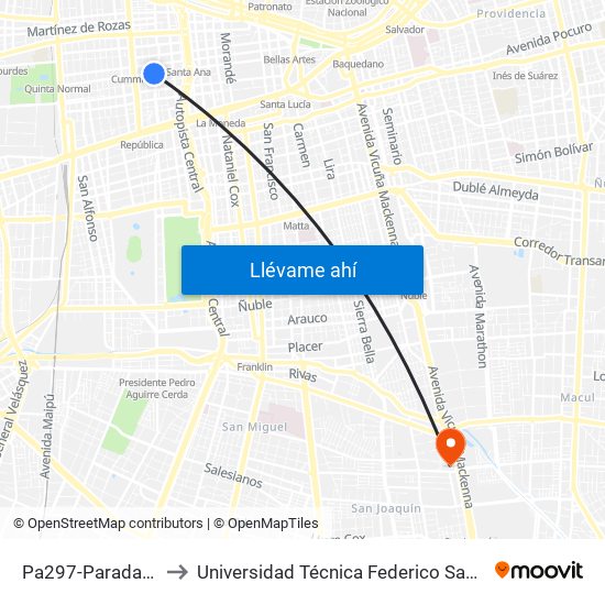 Pa297-Parada 1 / Plaza Brasil to Universidad Técnica Federico Santa María, Campus San Joaquín map